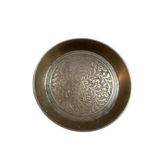 2 Vtg Indian Solid Brass Small Pin Dish Plate Ornate Floral Motif Higher Border - Picture 3 of 3